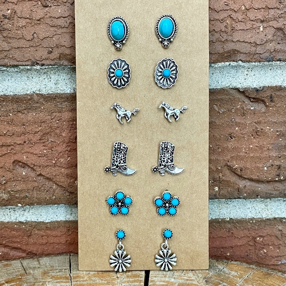 Running Horse and Turquoise Concho Stud Earring Set